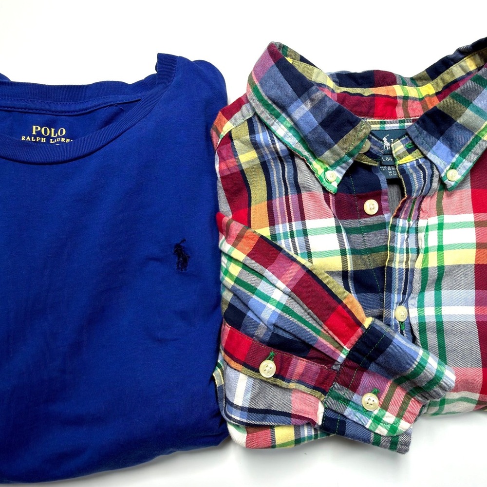 Lot of 2 Polo Ralph Lauren Boys Large (14-16) Long Sleeve Shirts Blue Plaid